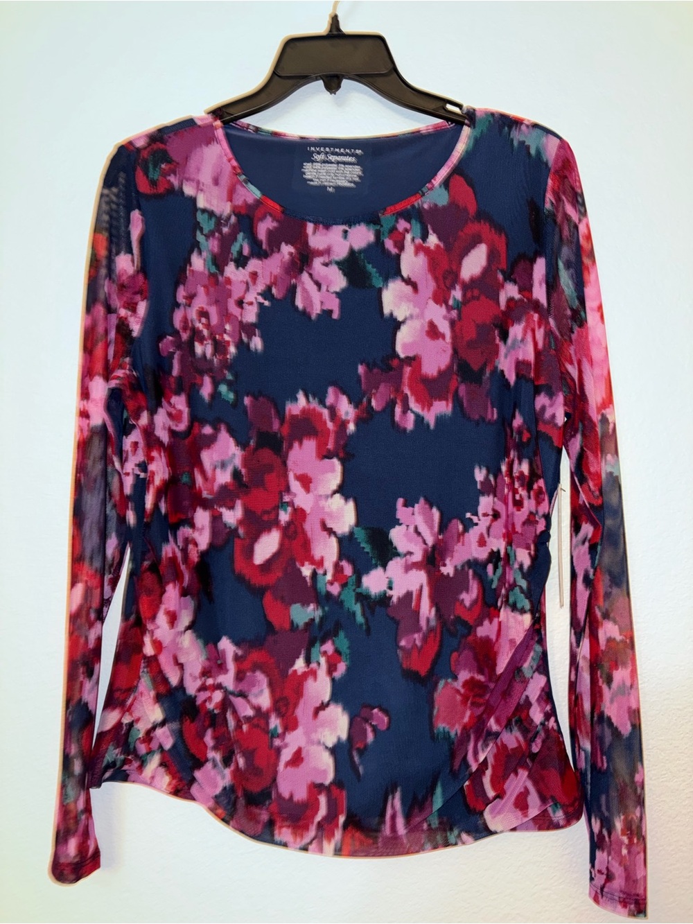 NWT Investments Soft Separates Floral Mesh Top Medium Navy Pink Long Sleeve